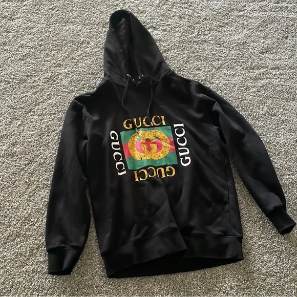 GG authentic & RARE black distressed Gucci Men’s hoodie sizeM, but can fit L. - Picture 6 of 10